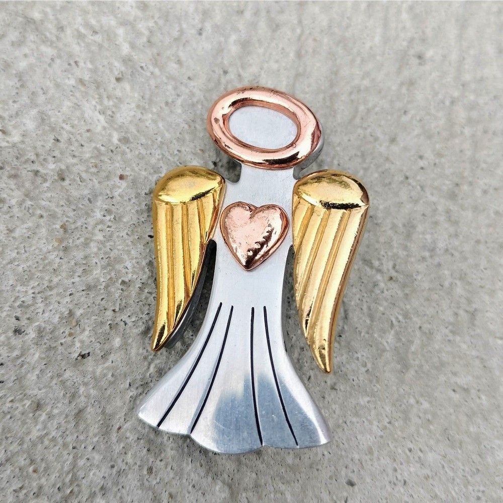 Avon Angel Brooch Tri Color Metal Pin Necklace Pendant